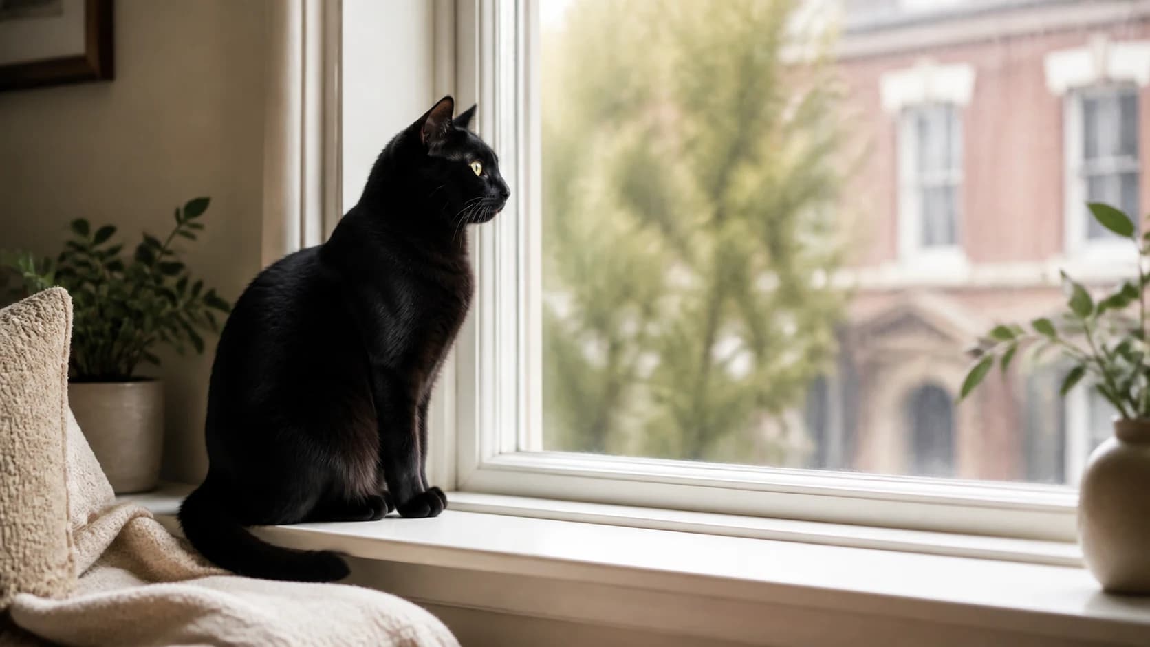 Black cat sitting on a window ledge