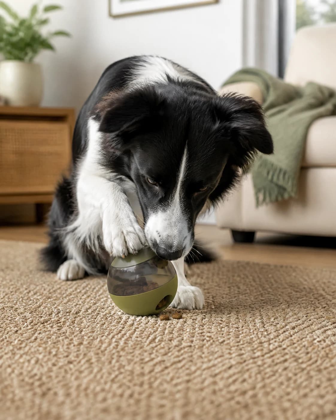 Dog using a small enrichment toy at home