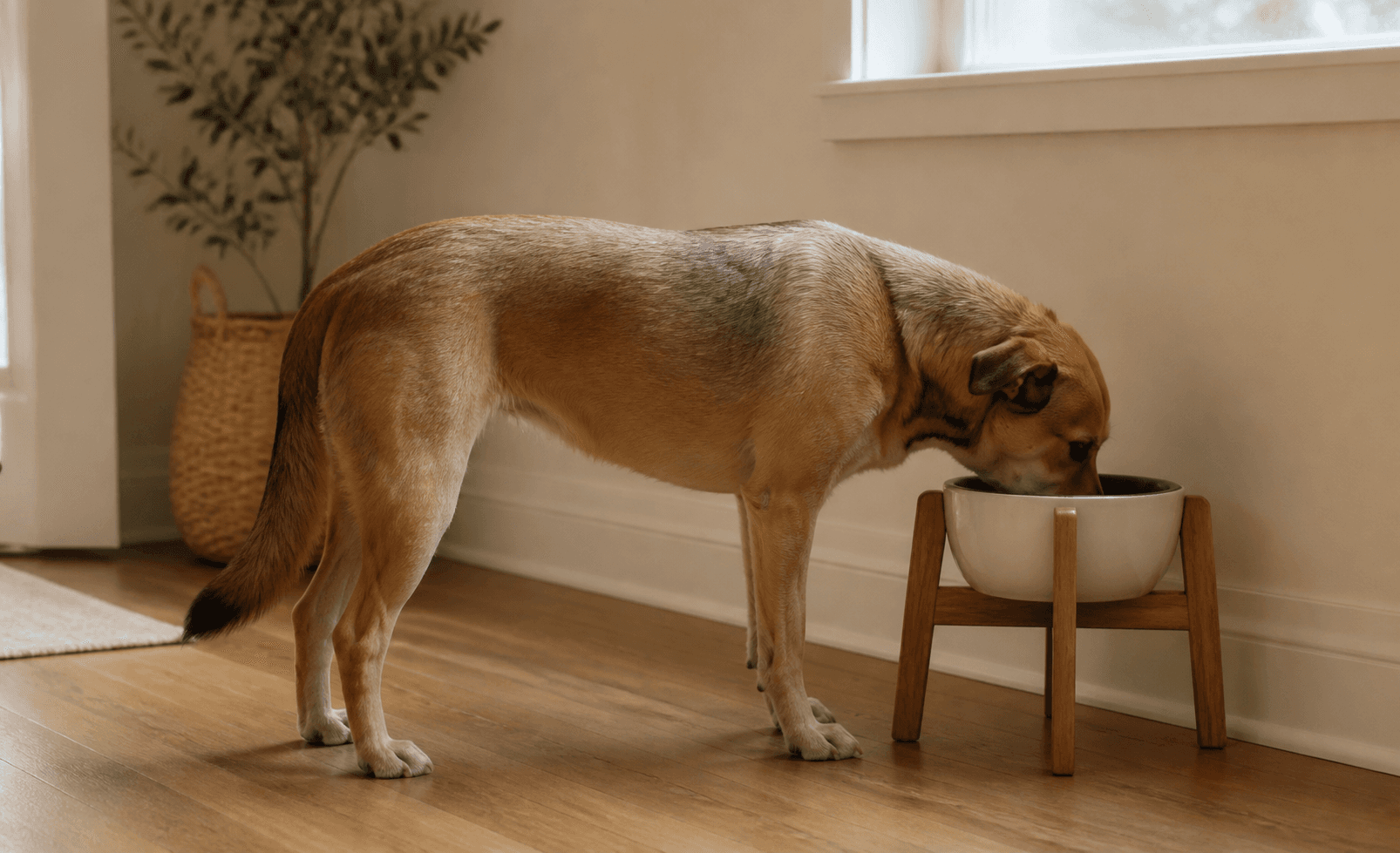 Dog beside its everyday equipment